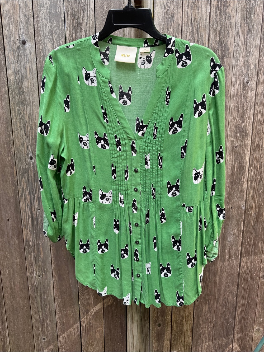 Maeve Anthropologie Green Boston or French Bulldog Print Blouse